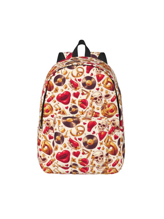 Skull Retro record lips Print Canvas Backpack Travel Rucksack Unisex Knapsack 15.7/17.7Inch Laptop Backpack for Work,College -Medium