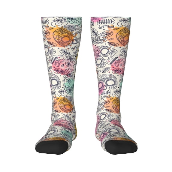 Vsdgher Skull and Flowers Print Thigh High Socks Extra Long Stretchy Sock Women Over Knee High Opaque Stocking Daily Wear