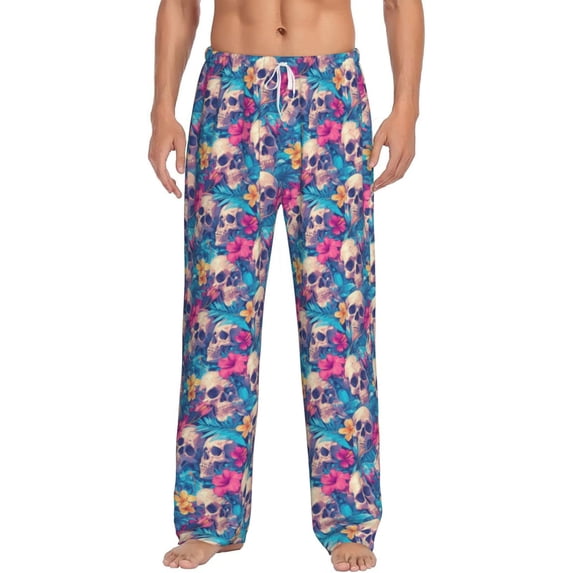 Vsdgher Skull blue leaf Print Mens Pajama Pants Sleep & Lounge Pants, PJ Bottoms With elastic waistb and Pockets