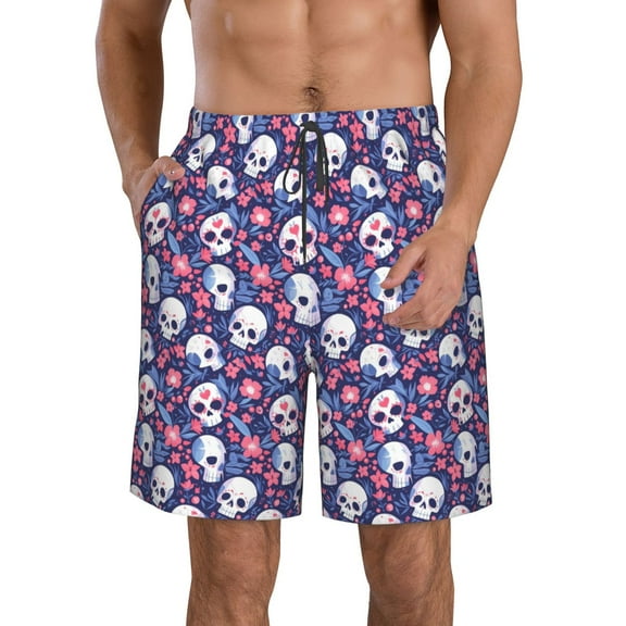 Vsdgher Skull cartoon flower Men's Beach Shorts, Surfing shorts, Swim trunks, Quick Dry Swim Trunks for Surfing Beach Fun -Small