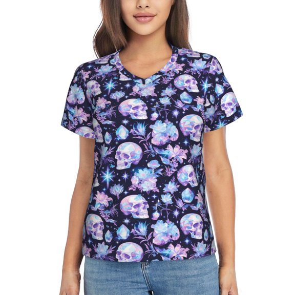 Vsdgher Skull crystal flower Women Shirts V Neck Short Sleeve Tops T-Shirt Basic Tees, S to 3XLMedium
