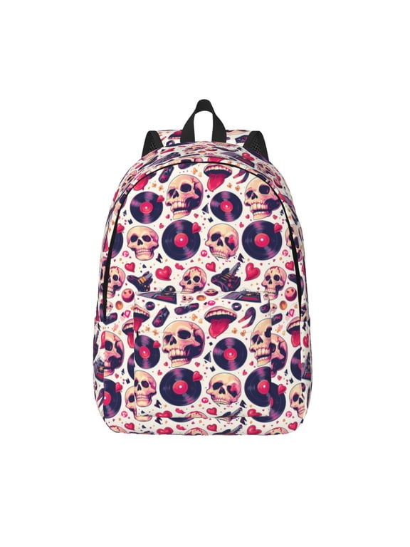 Skull lips record Guitar Print Canvas Backpack Travel Rucksack Unisex Knapsack 15.7/17.7Inch Laptop Backpack for Work,College -Medium