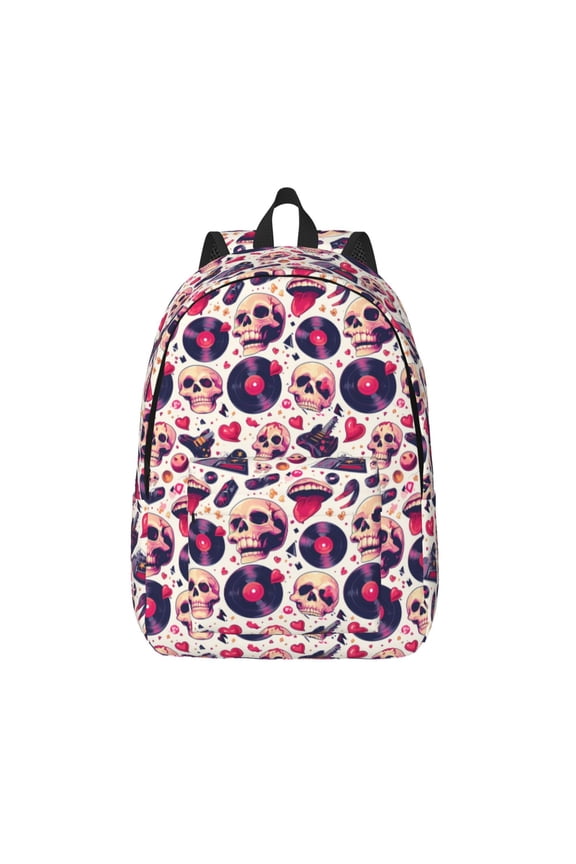 Skull lips record Guitar Print Canvas Backpack Travel Rucksack Unisex Knapsack 15.7/17.7Inch Laptop Backpack for Work,College -Medium