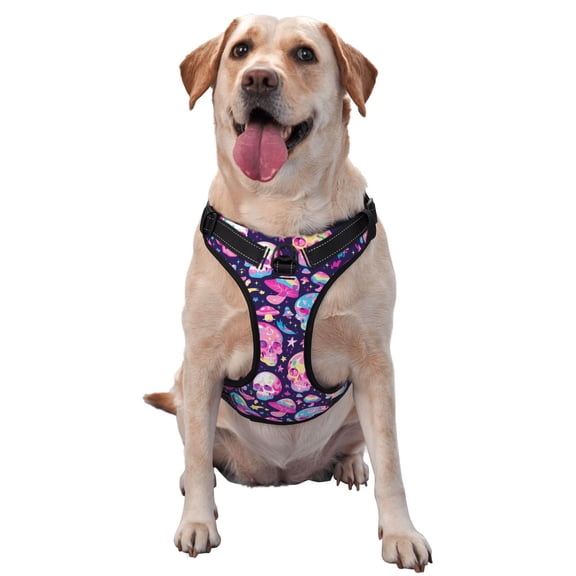 Vsdgher Skull mushroom colorful cute Pattern Dog Harness,No Pull Pet Harness with Soft Padded Handle,Adjustable Reflective Vest with 2 Buckles,4 Slide Buckles,S-XL X-Large