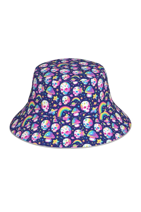 Skull mushroom rainbow space Print Bucket Hat for Men&Women Bucket Hat Reversible Summer Double-Side-Wear Travel Gardening, Beach, Camping, Hiking, Fishing Cap