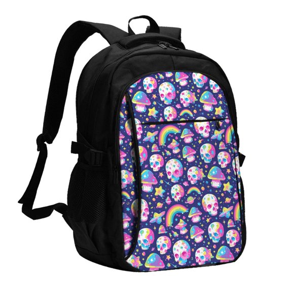 Vsdgher Skull mushroom rainbow space Print Travel Laptop Backpack, Laptops Backpack with USB Charging Port, Water Resistant Computer Bag Gift for Men & Women
