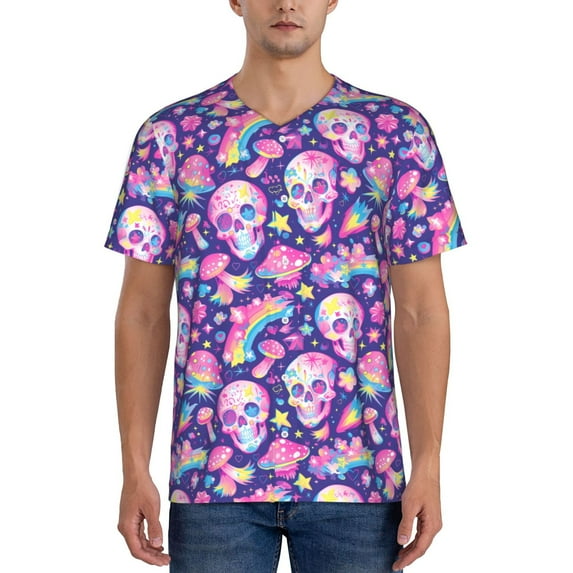 Vsdgher Skull rainbow mushroom colorful Mens T-Shirts Baseball Vintage Fashionable Lightweight Casual Crew Neck Slim Fit with Long Sleeves-X-Large