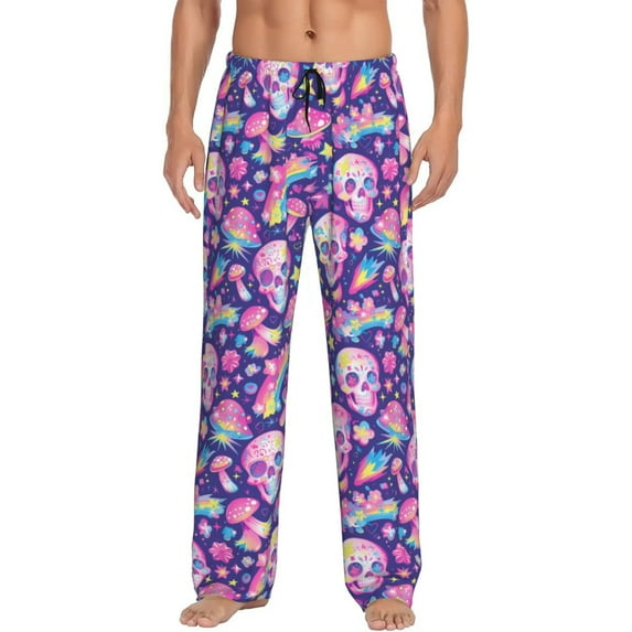 Vsdgher Skull rainbow mushroom colorful Print Mens Pajama Pants Sleep & Lounge Pants, PJ Bottoms With elastic waistb and Pockets