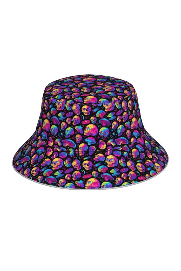 Skull rainbow star mushroom Print Bucket Hat for Men&Women Bucket Hat Reversible Summer Double-Side-Wear Travel Gardening, Beach, Camping, Hiking, Fishing Cap