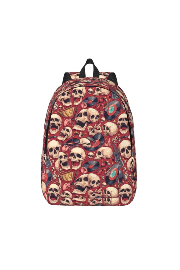 Skull record Guitar music Print Canvas Backpack Travel Rucksack Unisex Knapsack 15.7/17.7Inch Laptop Backpack for Work,College -Small