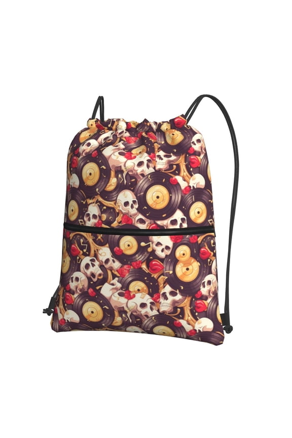 Skull record lips Drawstring Backpack Water Resistant String Bag Sports Sackpack Gym Sack for Men Women