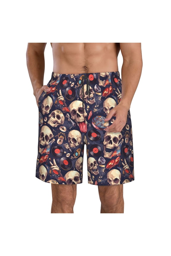 Skull record rock Men's Beach Shorts, Surfing shorts, Swim trunks, Quick Dry Swim Trunks for Surfing Beach Fun -X-Large