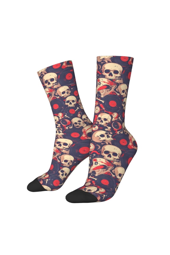 Skull rock music record Crew Socks for Men & Women, Breathable Casual Athletic Ankle Socks