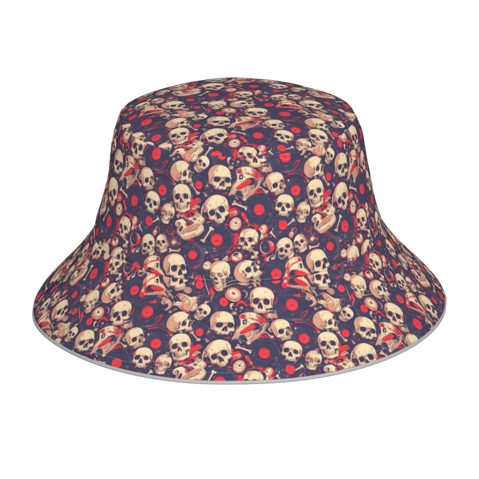 Vsdgher Skull rock music record Print Bucket Hat for Men Women Bucket Vsdgher Skull rock music record Print Bucket Hat for Men Women Bucket