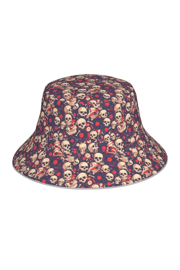 Skull rock music record Print Bucket Hat for Men&Women Bucket Hat Reversible Summer Double-Side-Wear Travel Gardening, Beach, Camping, Hiking, Fishing Cap