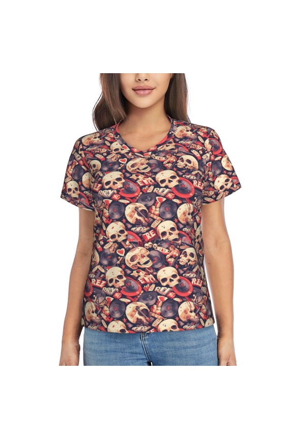 Skull rock record artist Women Shirts V Neck Short Sleeve Tops T-Shirt Basic Tees, S to 3XLSmall