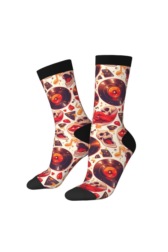 Skull rock record music heart Crew Socks for Men & Women, Breathable Casual Athletic Ankle Socks