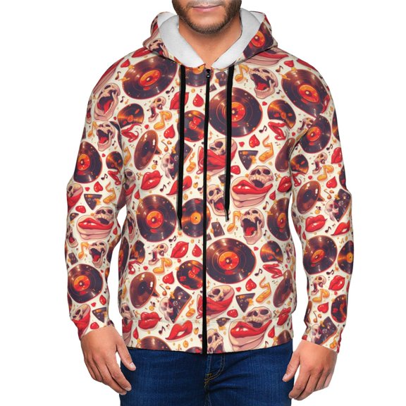 Vsdgher Skull rock record music heart Mens Hoodies Zip Hoodie, Hoodies for Men, Zip-up Hooded Sweatshirt-Medium