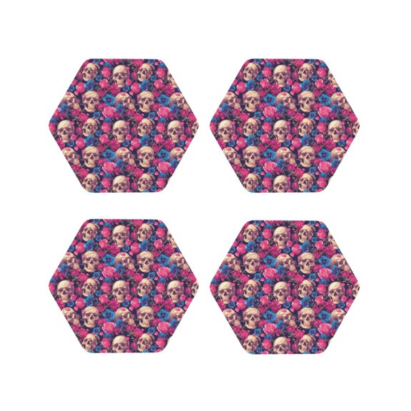 Vsdgher Skull rose blue flower Leather Coasters for Drinks, Durable Drink Coasters 4 Set for Tabletop Protection, Luxurious Home Décor and Housewarming Gift ( {designName})Hexagon