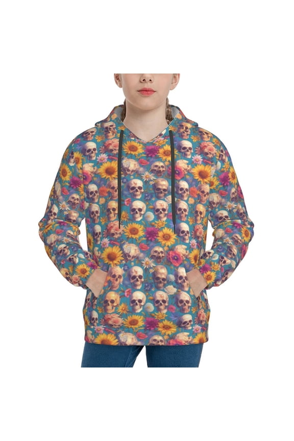 Skull sunflower daisy Hoodie Youth Classic Hooded Pullover Sweatshirts Essentials Hoodie for Children (s-xl)-X-Large
