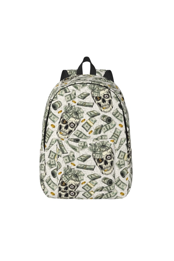 Skull with Cash Print Canvas Backpack Travel Rucksack Unisex Knapsack 15.7/17.7Inch Laptop Backpack for Work,College -Small