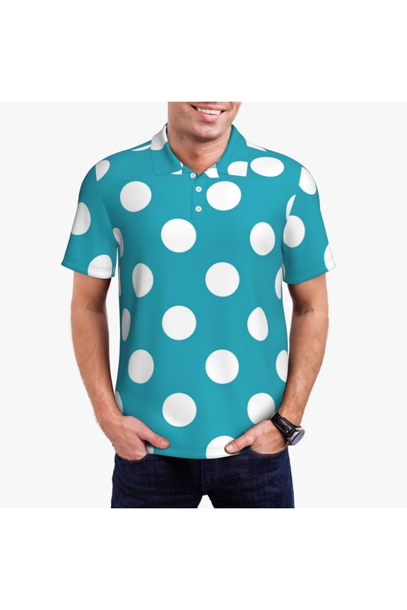 Sky Blue And White Polka Dot Polo Shirts for Men, Men's Short Sleeve Stretch Polo Shirt, Shirts for Men-Large