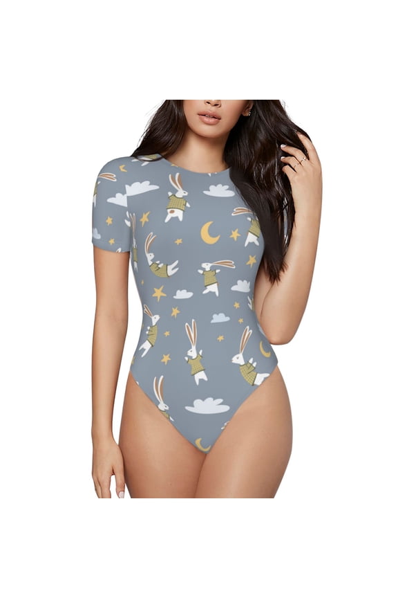 Sleep Rabbit Prinr Short Sleeve Body suit for Womens, Sexy Onesie One Piece Round Neck Bodysuit Shapewear Tummy Control-Medium