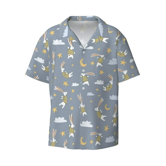 Vsdgher Sleep Rabbit Print Men's Wrinkle Free Untucked Cuban Shirt Business Casual Button Down Shirts Short Sleeve Shirt