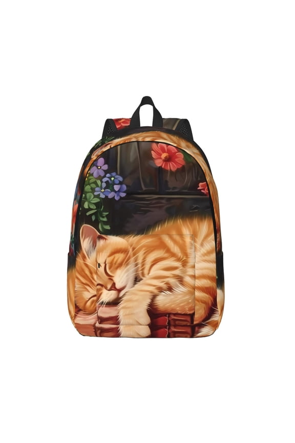 Sleeping Cat Flowers Print Canvas Backpack Travel Rucksack Unisex Knapsack 15.7/17.7Inch Laptop Backpack for Work,College -Medium