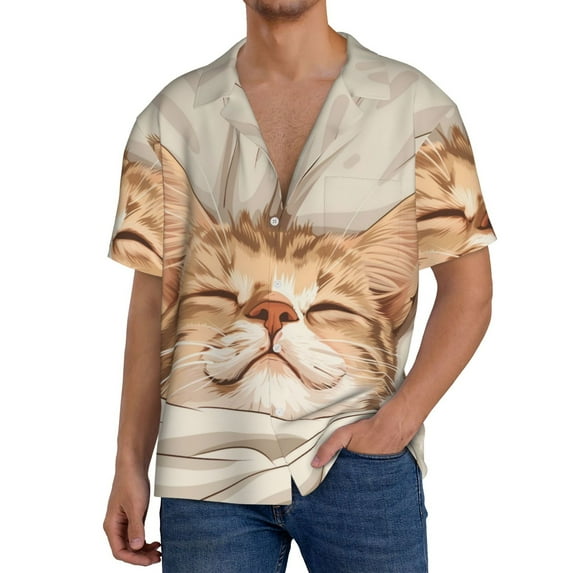 Vsdgher Sleeping Cat In Blanket Men's Cuban Shirt, Hawaiian Shirts, Business Casual Button Down Shirts, Short Sleeve Shirt-Medium