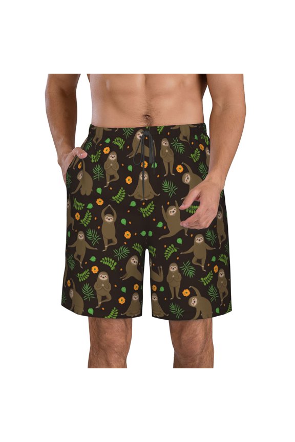 Sloth Doing Yoga Men's Beach Shorts, Surfing shorts, Swim trunks, Quick Dry Swim Trunks for Surfing Beach Fun -X-Large