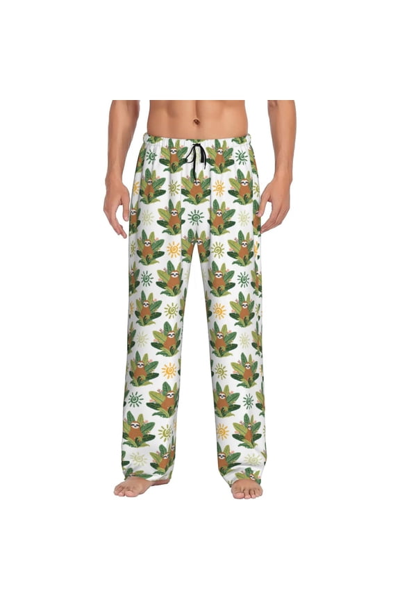 Sloth Sitting Tropical Leaves Mens Pajama Pants Sleep & Lounge Pants, PJ Pants-Large