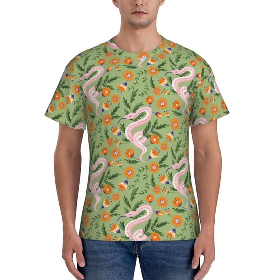 Vsdgher Snake And Floral Print Men's Dry Fit Mesh Athletic Shirts Moisture Wicking Tennis T-Shirt Tops