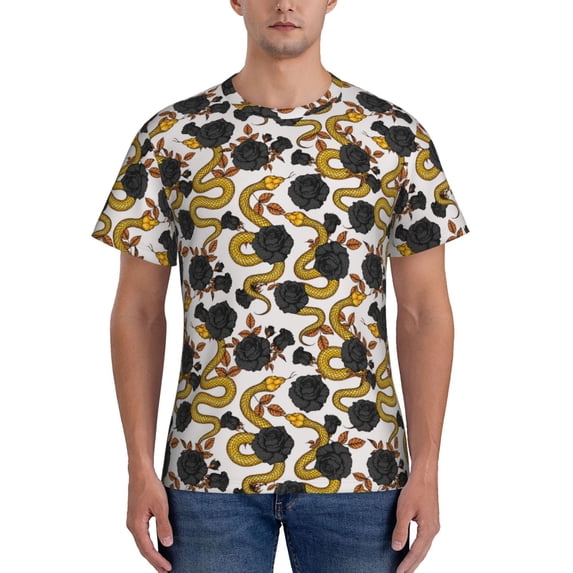 Vsdgher Snake And Rose Print Men's Dry Fit Mesh Athletic Shirts Moisture Wicking Tennis T-Shirt Tops