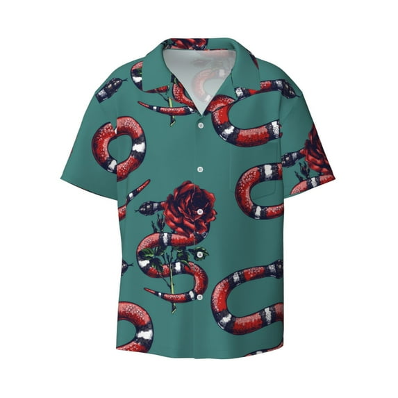 Vsdgher Snake And Rose Print Men's Wrinkle Free Untucked Cuban Shirt Business Casual Button Down Shirts Short Sleeve Shirt