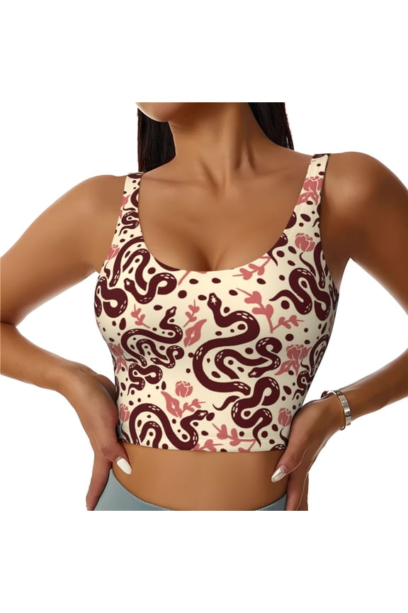 Snake Print Women Sleeveless Athletic Tank Top Built-in Bra Camisole Sports Vest for Yoga Running Fitness Exercise with Removable Pads