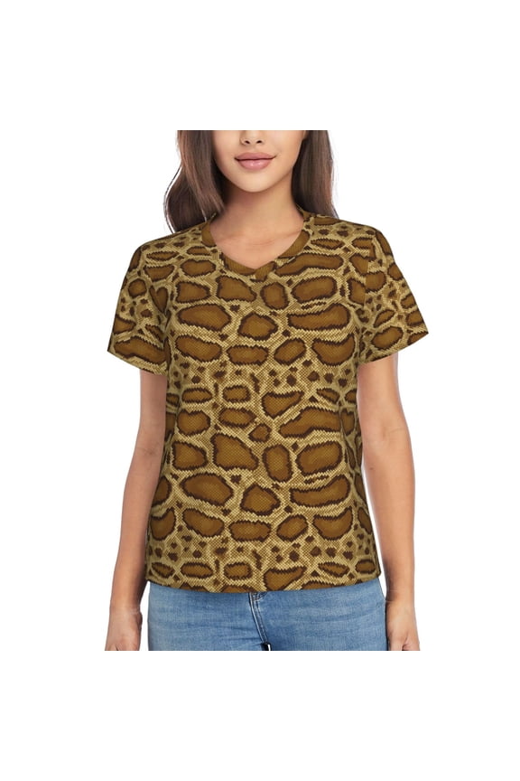 Snake Skin Women Shirts V Neck Short Sleeve Tops T-Shirt Basic Tees, S to 3XLSmall
