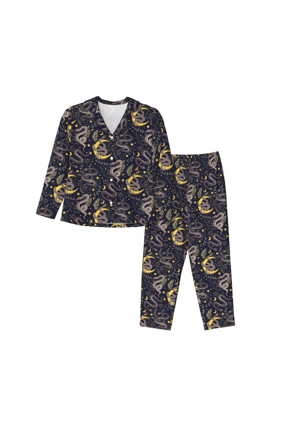 Snake Sleep Pajamas Set Long Sleeve Sleepwear Womens Button Down Nightwear Pj Sets-Small