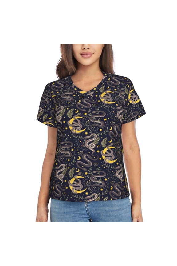 Snake Sleep Women Shirts V Neck Short Sleeve Tops T-Shirt Basic Tees, S to 3XLMedium