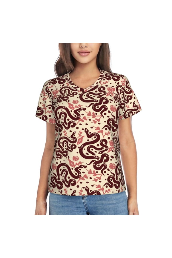 Snake Women Shirts V Neck Short Sleeve Tops T-Shirt Basic Tees, S to 3XLX-Large