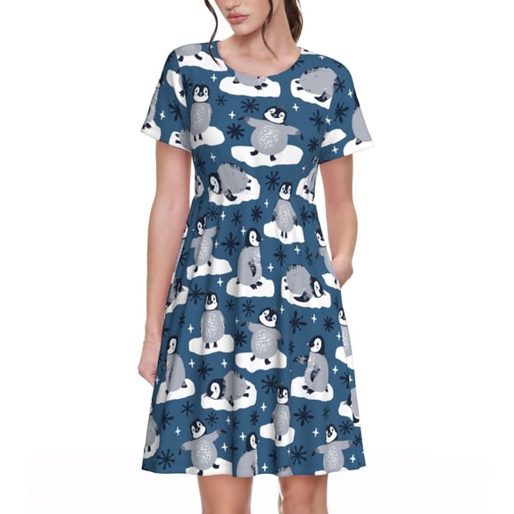 Vsdgher Snow Penguin for Womens Summer 2025 Casual Midi Maxi Dresses Lightweight Short Sleeve Round Neck Beach Dress -Medium