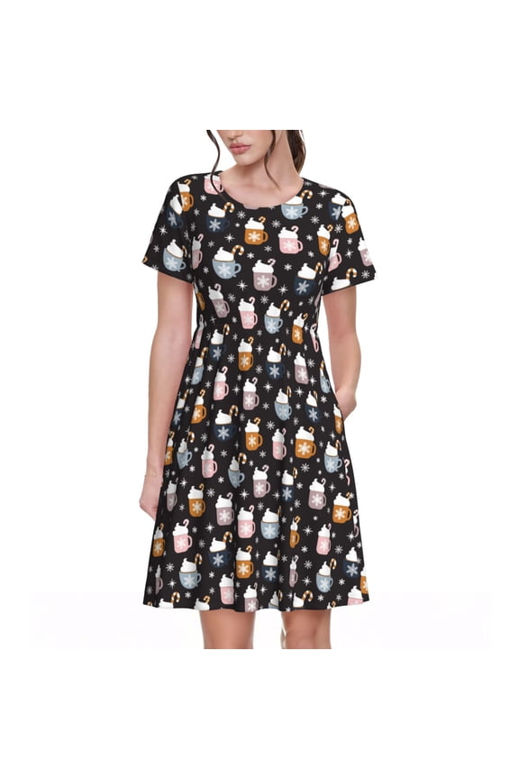 Snowflake Cream Hot Cocoa for Womens Summer 2025 Casual Midi Maxi Dresses Lightweight Short Sleeve Round Neck Beach Dress -3X-Large