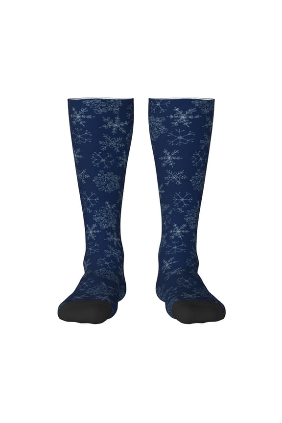 Snowflake Dark Blue Print Thigh High Socks Extra Long Stretchy Sock Women Over Knee High Opaque Stocking Daily Wear