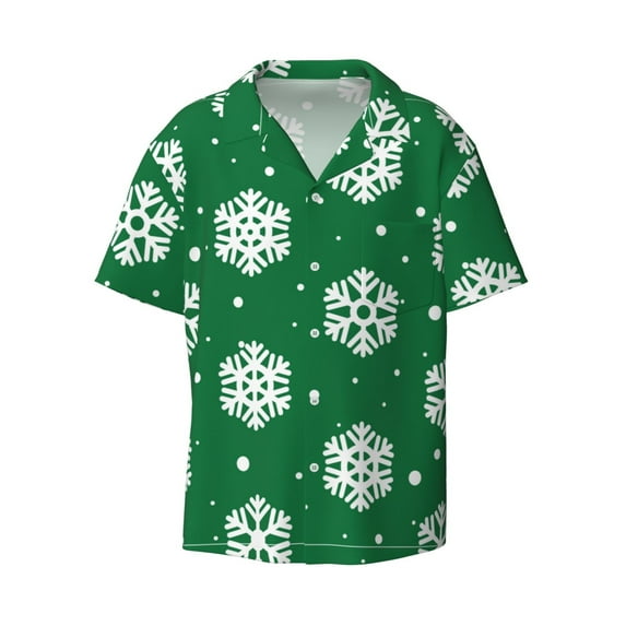 Vsdgher Snowflake Print Men's Wrinkle Free Untucked Cuban Shirt Business Casual Button Down Shirts Short Sleeve Shirt