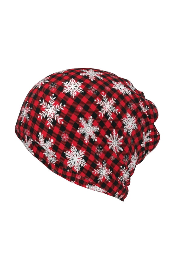 Snowflakes On A Buffalo Plaid Christmas Slouchy Beanie Hat for Men/Women, Skull Cap Chemo Cap Night Sleeping Cap