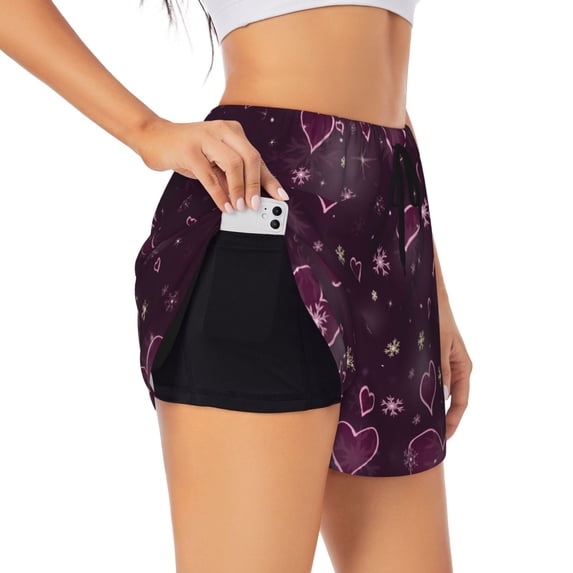Vsdgher Snowflakes and Hearts Print Women's Running Double Layer Shorts High Waisted with Pockets Elastic Yoga Workout Athletic Gym Sports