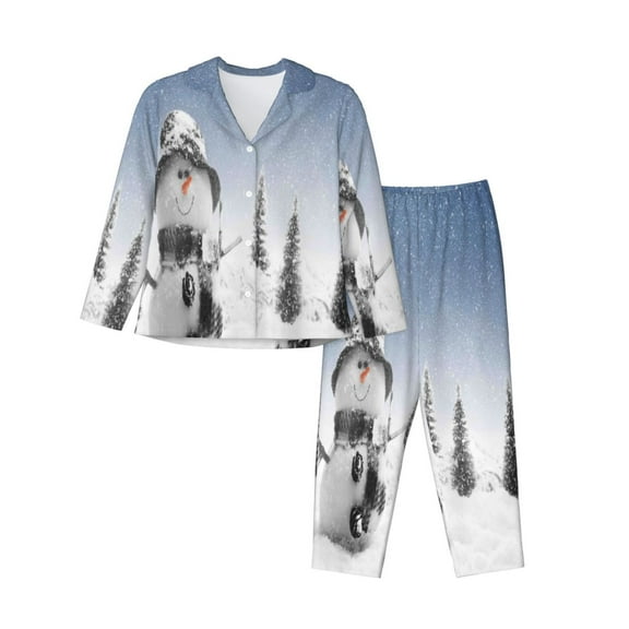 Vsdgher Snowman And Christmas Tree Pajamas Set Long Sleeve Sleepwear Womens Button Down Nightwear Pj Sets-Small