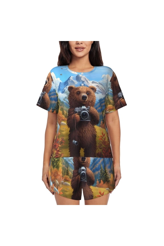 Snowy Mountain Photography Bear Pattern Womens Pajamas 2 Piece Short Sleeve Sleepwear Set,Summer Soft Pajamas Set Casual Lounge Sets, 2-Piece Pj -Large
