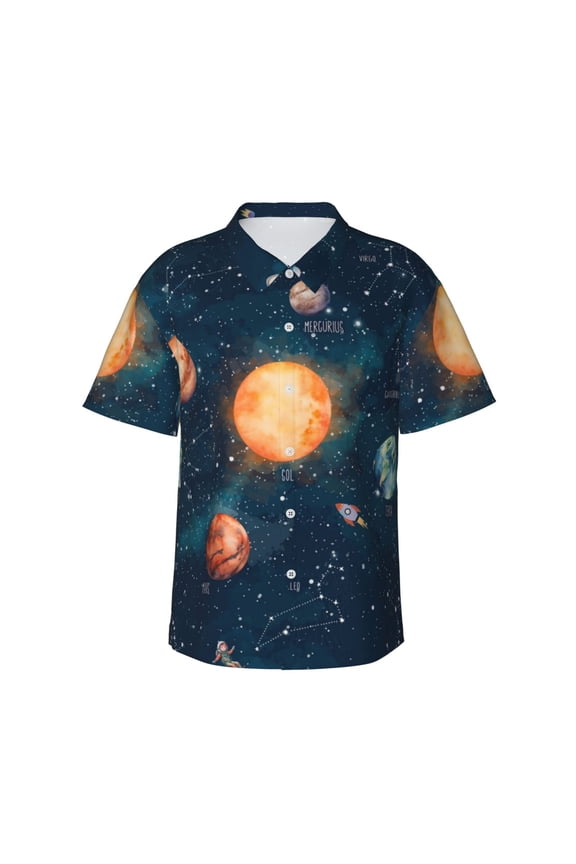Solar System And Planets Print Men's Hawaiian Shirts Button Down Tropical Holiday Beach Shirts Vacation Clothes,XX-Large