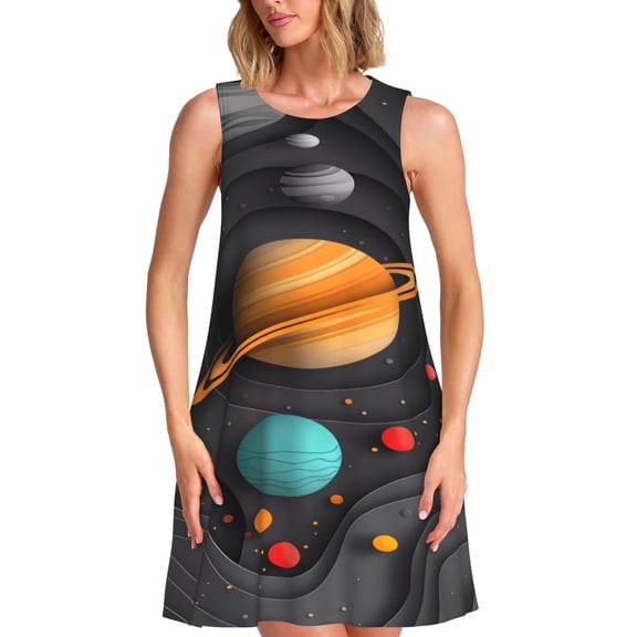Vsdgher Solar System Paper Art Print Summer Dresses for Women Casual U Neck Beach Dress Sleeveless Tank Loose Sundress with Pocket -Small